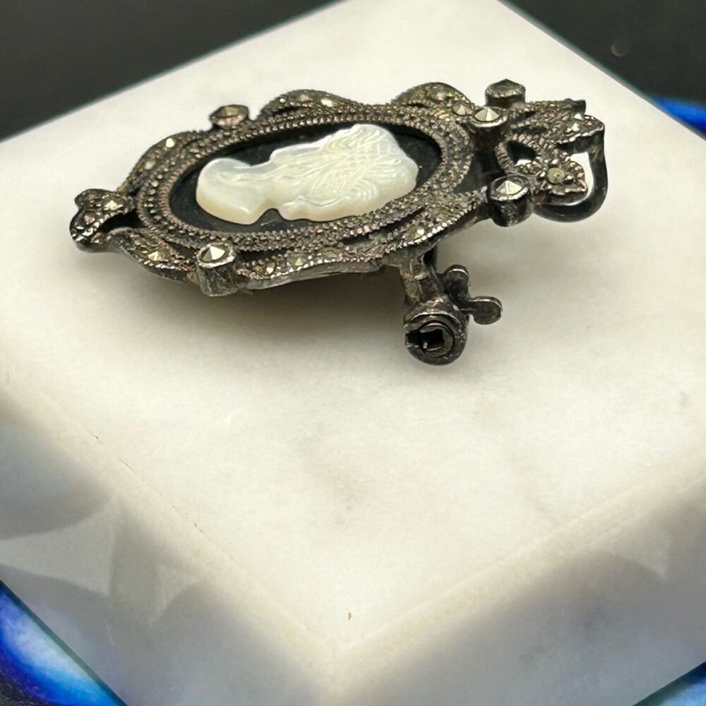 Vintage 925 Sterling silver Left Facing Cameo brooch pendant pin #394 MOP onyx - Picture 4 of 11